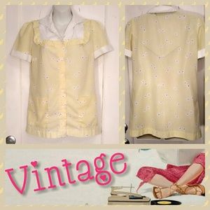 VTG 60s Yellow Puff Sleeve Blouse w/Pockets Small